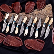 10 Pcs Handmade Damascus Skinner Knife Set Bone & Turquoise Handles W/Sheaths picture