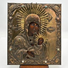 Vintage 19th century Russian Orthodox Icon Virgin And Child Jesus Velvet Backing picture