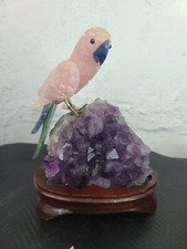 Vintage Amethyst Quartz Crystal Hand Carved Natural Stone Bird Brazil Rose W/Tag picture