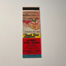 Kistner's Super Service Groceries Sunbury PA Vintage Matchbook Cover 5MB126-3-5 picture