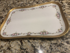 T&V LIMOGES FRANCE PORCELAIN VANITY TRINKET TRAY GOLD EMBOSSED EDGING & ROSES  picture