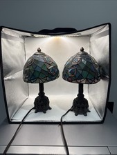 Pair Vintage Tiffany Style Stained Glass Rose Floral Table Lamps 13” WORKING * picture