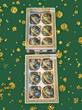 KREBS Green Gold Trim Glass SPARKLY Ball Christmas Tree Ornaments Set Of 2 Boxes picture