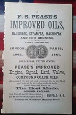 1874 railroad Advertising F. S. PEASE'S IMPROVED OILS Buffalo NY Engine RR Oil  picture