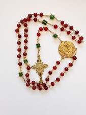 Catholic Rosary Red Glass Beads Crucifix Madonna Pendant Vintage Prayer Necklace picture