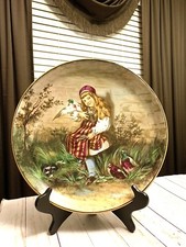 Beautiful Large Antique Porcelain Plate Little Girl with Birds Hand Painted picture