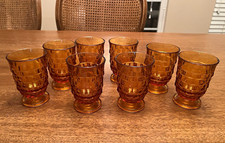 Vintage Indiana Glass Whitehall Amber Footed 4.5” Tumblers Cubist Set of 8  picture