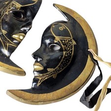 Vintage Brass Handpainted Pisces Crescent Moon Face Celestial Wall Art  Set of 2 picture