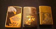 Zippo Lot of 3 Flip Top Lighters Warning Labels Military, Eagle & Flag Themed picture