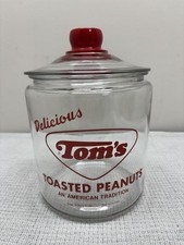 Vintage Tom's Toasted Peanuts Glass Jar Red Letter Knob Lid Counter Display picture