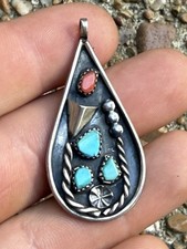 Vintage Southwestern Navajo Style Sterling Silver Turquoise And Coral Pendant picture