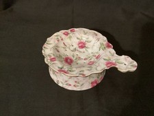 Vtg PINK ROSES FLORAL TEA STRAINER With Base Scalloped Gold Trim Unbranded picture