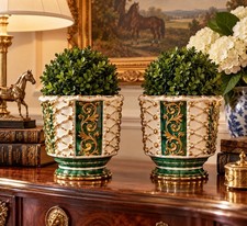 Pair Vintage VTB Italy Ceramic Jardinieres Green Gold Baroque Regency Cachepots picture
