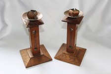 Pair ANTIQUE ARTS & CRAFTS Carved inlay Dark Oak Candle Holders copper  c. 1920 picture