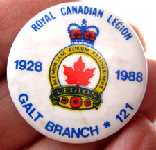 ROYAL CANADIAN LEGION 1928-1988 GALT BRANCH JUBILEE 32mm pin BADGE picture