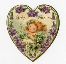 VALENTINE Small Heart Little Girl Pansies Daisies 1910 Samuel Gabriel Publisher picture