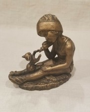 RARE Vintage Girl Feeding Kitten At The Beach Brass Metal Sculpture Signed SHL picture