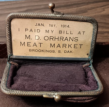 1914 MD ORHRANS Meat Market promo Leather COIN PURSE POUCH Brookings S DAKota picture