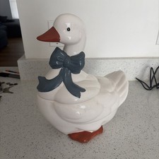 Vintage 80s Country Goose Blue Bow Ceramic Cookie Jar Cottage Core Grandma Chic picture