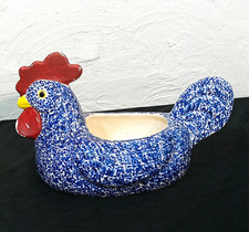 Vintage Blue Speckled Ceramic Chicken Hen Figurine Bowl Planter Country Style picture