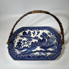 Vintage Moriyama Japan Ceramic Blue Willow Tray W/Wicker Handle 10.5x9” picture