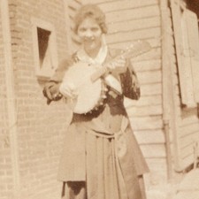 c1920s Woman Playing Banjo Musical Instrument Snapshot Photo Music Backyard Vtg picture