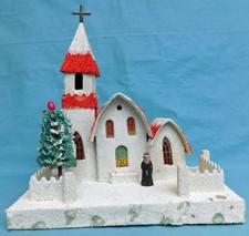 Vintage Christmas Large Green Spot Putz Church Coconut Loofah Tree 1930's picture