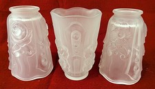 3 Rare Vintage French Art Deco Sabino Style Floral Molded Frosted Glass Shades picture