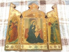 Large Antique Italian Florentine Madonna Baby Jesus Tole Wood Triptych Icon picture