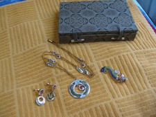 Vintage Japanese Cloisonné Necklace Earrings Pin Dragon Phoenix Flower Gift Box picture