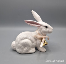 Vintage White Midwest Ceramic Rabbit Bunny Figurine Ribbon & Bell 5