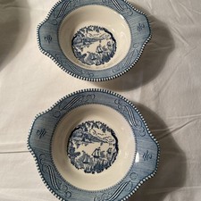 2 Royal  Currier and Ives Blue Lugged Cereal Bowl  picture