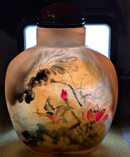 Agate painted Snuff Bottle, Kingfishers & Lotus Flowers, Coral Stopper Late Qing picture