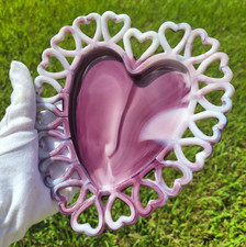 Vtg. Westmoreland Glass Purple & White Slag Glass Heart Shape Dish Openwork Edge picture