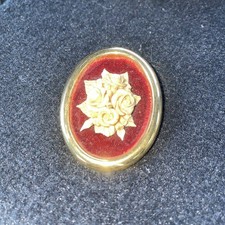 VTG Victorian Cameo Brass Resin Flower Brooch with Red Velvet Background picture