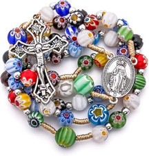 Murano Millefiori Glass Rosary Necklace with Miraculous Medal & Cross picture
