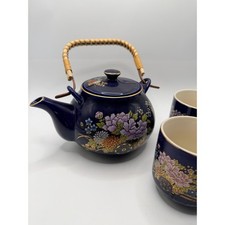 Vintage Japan Cobalt Blue Floral Ceramic Tea Set Teapot 3 Cups Rattan Handle picture