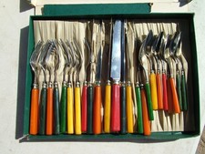 VINTAGE MCM BAKELITE CATALIN  24 PIECE SET MULTI COLORS KNIVES SPOONS & FORKS picture