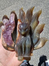 Large Hand Carved 9-Tailed Fox Amethyst Druzy Agate Crystal Sculpture picture