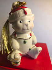 Lenox Christmas Bear Ornament Porcelain Hanging Santa Hat, White Red Gold picture