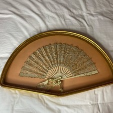 Antique Vtg Victorian Lace Hand Fan Shadow Box Gold Frame Wall Display Feminine picture