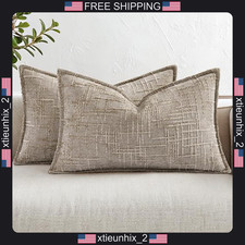 Chenille Decorative Pillow Covers 12x20 Set of 2 Oatmeal Polyester Flange Edges picture