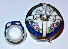 LIMOGES FRANCE BOX~HAT BOX & HAT~ DOVES & RIBBON & FLOWERS ~SEVRES ROSES~ BIRDS picture