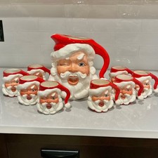 Vintage Winking Santa Pitcher 8 Mugs 9 Pc Christmas Ceramic Set Mid Century picture