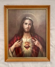 SACRED HEART JESUS Suffer RELIGIOUS original Wooden framed print 11” High picture