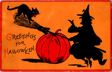 Antique Postcard Greetings Halloween Witch Broomstick Cat Pumpkin ~ #122 ~ 1913 picture