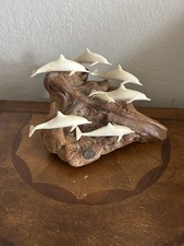 Vintage John Perry Sculpture Featuring Pod Of 7 Dolphins On Burl Wood Base OOAK* picture