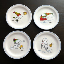 PEANUTS Hallmark Schultz 4 Dessert Plates SNOOPY & WOODSTOCK Snow Scenes 6.5” picture