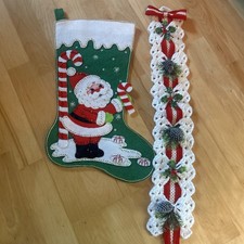 Vintage MCM Santa Felt Christmas Stocking Mid Century Mod Hand Made And Extra picture