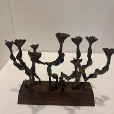 Vintage Menachem Berman Brutalist Menorah Bronze And Wood  Israel Mid Century picture